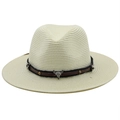 Fedora straw hat in beige with brown leather band and metal bull skull ornament - M (56-58cm) / Creamy White