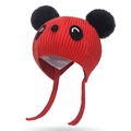 Rode panda gebreide muts voor kinderen met zwarte pompons van imitatiebont en oorkleppen - Rood