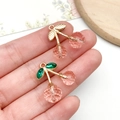 Pink faceted cherry jewelry pendant with gold leaves and green gem for DIY accessories - KC Gold Transparent Pink Resin Green Rhinestone Cherry (23427)