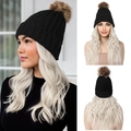 Black beanie with brown pompom and long platinum blonde wavy hair wig for women - 60/1001# Platinum Blonde