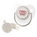 Baby pacifier and clip set with pink crown crystal design on white background - Silver White Crown