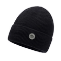 Men's winter knit beanie in black featuring vertical ribbed texture and mountain patch - One Size / Black