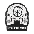 Gothic punk enamel pin featuring double skulls and Peace of Mind text on a white background - Skull Brain Peace Sign Style (XZ5964)