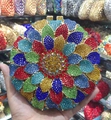 Round floral evening clutch bag with multicolored rhinestones and gold metal frame - Black Multicolor