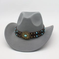 Detail of grey felt cowboy hat with leather band, turquoise beads and vintage metal buckle - Grey (Floral Leather Belt)