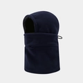 Detail of navy fleece balaclava hood featuring adjustable drawstrings and neck protector - One Size / Dark Blue