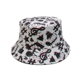 Detail of white bucket hat with red and blue glitch art music notes and star prints - M (56-58cm) / Music Note
