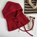 Winter red knitted hooded scarf with black buttons and adjustable drawstrings - Balaclava-Wine Red