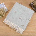 Detail of baby swaddle blanket with white fringe trim and fish pattern on blue muslin fabric - Tent