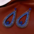 Deep blue teardrop chandelier earrings with multi-row rhinestones and silver needle stud - 50# Silver Earring Post - Blue - Water Drop - Full Zirconia Hollow Dark Blue