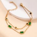 Detail of double-layer gold stainless steel bracelet with green stones and lobster clasp - Rectangular Green Zircon Style