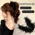 Elegant large black ostrich feather banana clip for high ponytail styling - Ponytail Banana Clip Enhanced Volume / 365 Black Feather Banana Clip Large 13CM