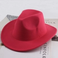 Close-up of rose red wide brim wool fedora hat placed on a minimalist fashion magazine - Woolen Cowboy Style With Rope / Rose Red