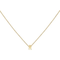 Detail shot of 18K gold letter R pendant necklace with a fine polished chain link - Gold R
