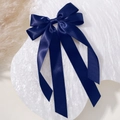 Dark blue satin double ribbon bow hair clip on soft white plush surface for kids - Navy Blue (1)