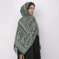 Women's core-spun yarn scarf with green paisley patterns and fringe tassels - Green Blue Brown (T489-06)