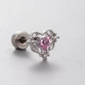 Silver heart stud earring with pink zircon and screw back for tragus or cartilage - Hollow Heart Style (A08-6# Single)