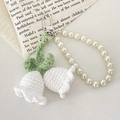 Handmade crochet Lily of the Valley keychain with white pearls and green leaf accents - 2 Flowers / White