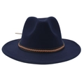 Detailed view of navy blue wool fedora with a brown braided band and wide brim - L(58-60cm) / Braided Rope Decor / Navy Blue