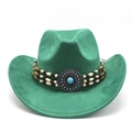 Détail d'un chapeau de cowboy vert émeraude avec perles ethniques et boucle turquoise - M (56-59cm) / Vert Herbe (Suède)
