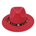 Detail of dark red fedora hat with black leather band and turquoise stone embellishments - Red