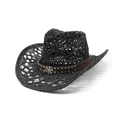 Handmade black woven straw cowboy hat with leather rivet band and floral metal emblem - M (56-58cm) / Black