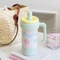 Floral print 316 stainless steel insulated tumbler with handle and mint green straw - Green Polka Dot-1000ML