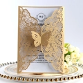 Elegant gold laser-cut wedding invitation featuring a 3D butterfly and floral lace pattern - Champagne Gold