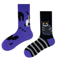 Asymmetric crew socks with cartoon cat patterns in purple and black jacquard knit - One Size / Purple Cat Fun