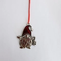 Silver metal Christmas gnome ornament with red enamel details and a red hanging string - Santa Claus