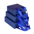 Dark blue textured drawer jewelry box with matching ribbon handle and elegant finish - 8x8x3.2cm / Royal Blue