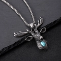 Silver deer head necklace with turquoise stone on stainless steel box chain - Deer Head