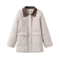 Close-up of quilted beige jacket featuring contrast brown corduroy collar and dual pockets - XS / Off White