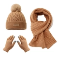 Kids winter knit hat scarf and gloves set with warm fleece lining and pompom - Khaki