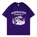 Purple crewneck T-shirt with white alligator graphic and vintage style print - Purple