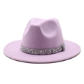 Close-up detail of silver rhinestone band on lavender wool felt jazz fedora hat - Taro Purple