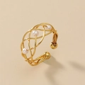 Elegant gold-plated woven open ring featuring three round pearls in a minimalist design - Adjustable Open / Gold