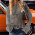 Detail of grey crochet knit cover-up showing intricate hollow texture and long sleeves - XL / Gray