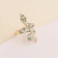 Macro detail of gold snake ring with micro-paved green and white cubic zirconia - Adjustable Open / 6#Green