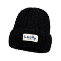 Bonnet en sherpa noir épais avec étiquette 'Lucky' blanche pour la chaleur hivernale - Noir