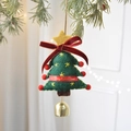 Green wool felt Christmas tree ornament with red bow, golden bell, and Merry Christmas ribbon - Green Star Tree