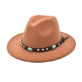 Detail of camel wool fedora hat featuring a black leather band with turquoise and gold studs - Khaki