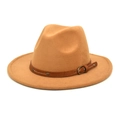 Macro detail of camel wool fedora hat featuring a brown leather band and metallic buckle - M (56-58cm) / Camel