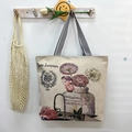 Vintage floral tapestry tote bag with Belle Jardiniere Paris design and striped handle - Purple Dandelion
