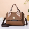 Detail of brown litchi pattern leather handbag with gold lock and silk scarf handle - Linen Brown
