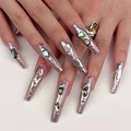 3D silver lava coffin press-on nails with iridescent shell fragments and metallic finish - Glue Version (JP3341) / JP3341 [Glue Style]