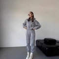 Women's two-piece tie-dye hoodie and jogger set in grey and white marble pattern - S / Gray