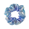Detail of blue iridescent scrunchie with metallic laser finish and textured fabric - Holographic Metallic / Blue