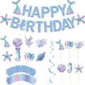 Mermaid theme happy birthday party decoration set with banners, swirls and cake toppers - Decoration Set