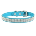 Adjustable bright blue leather pet collar with rows of sparkling white rhinestones - Lake Blue